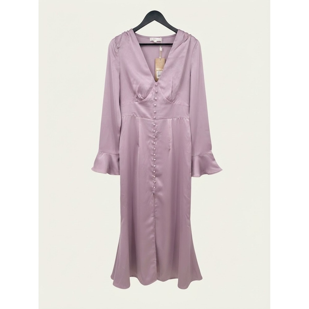 Rihoas Lavender Satin V-Neck Long Sleeve Button Front Dress Small retro Cottage